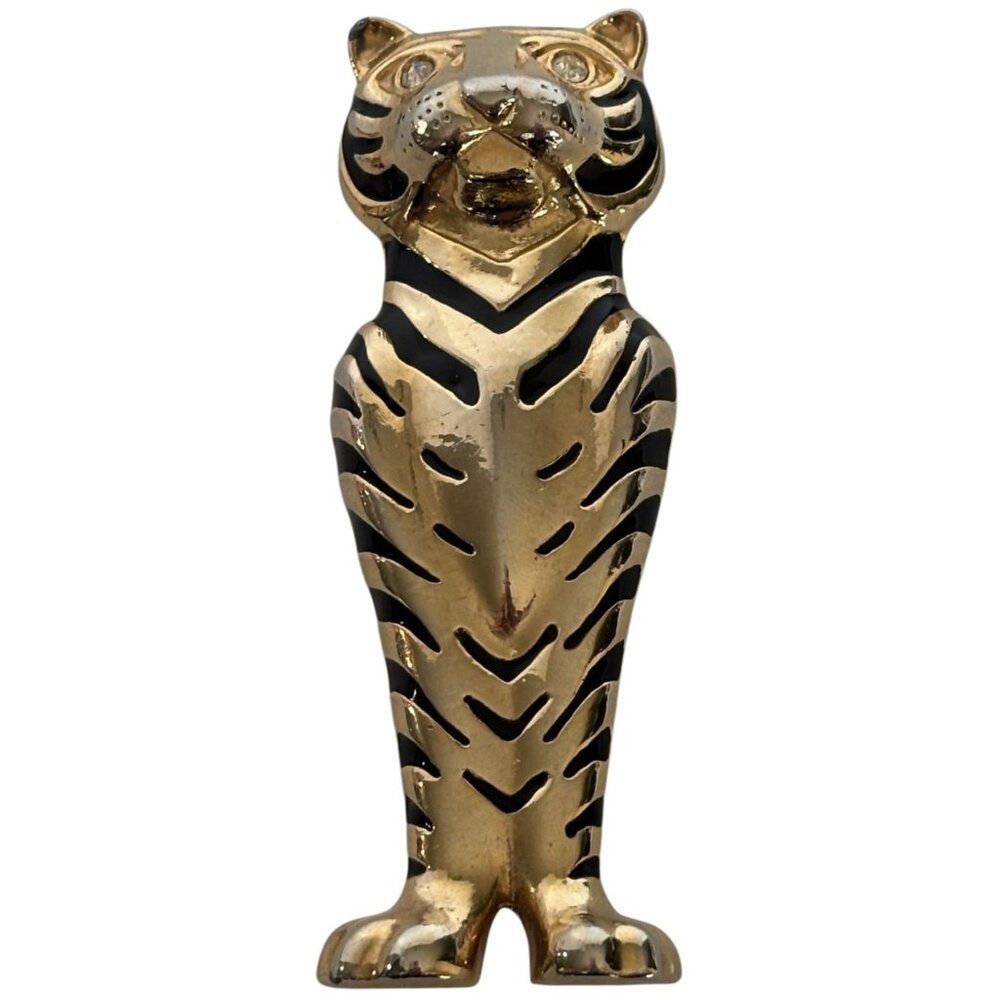 Vintage Tiger Brooch Pin Enamel Rhinestone Jewelry Art Deco Large Heavy Goldtone